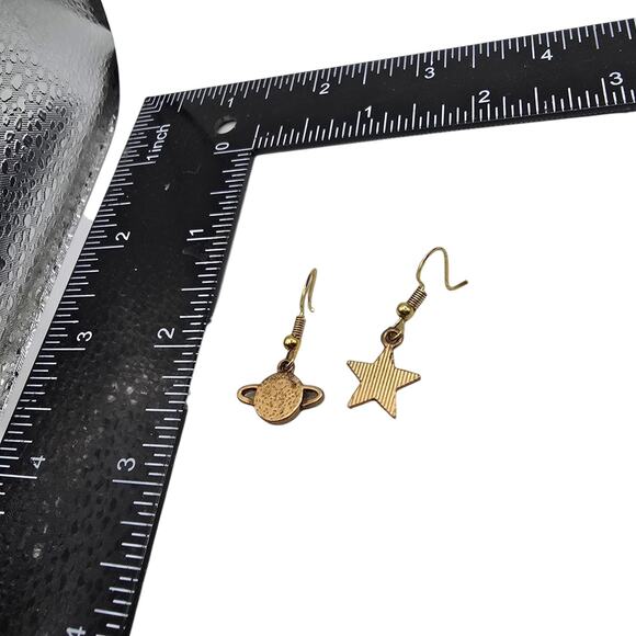 Planet Star Earrings Pierced Dangle Acrylic Blue Teal Gold Tone Setting - Picture 5 of 5